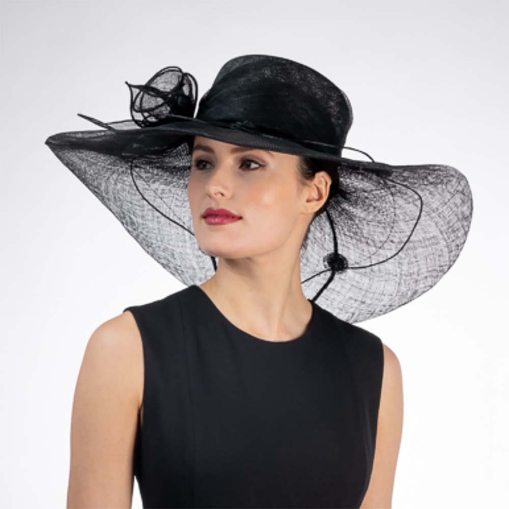 CallaLilyAdornedBlackWideBrimSinamayDerbyHat-KaKyCOwomeninblackhat.jpg