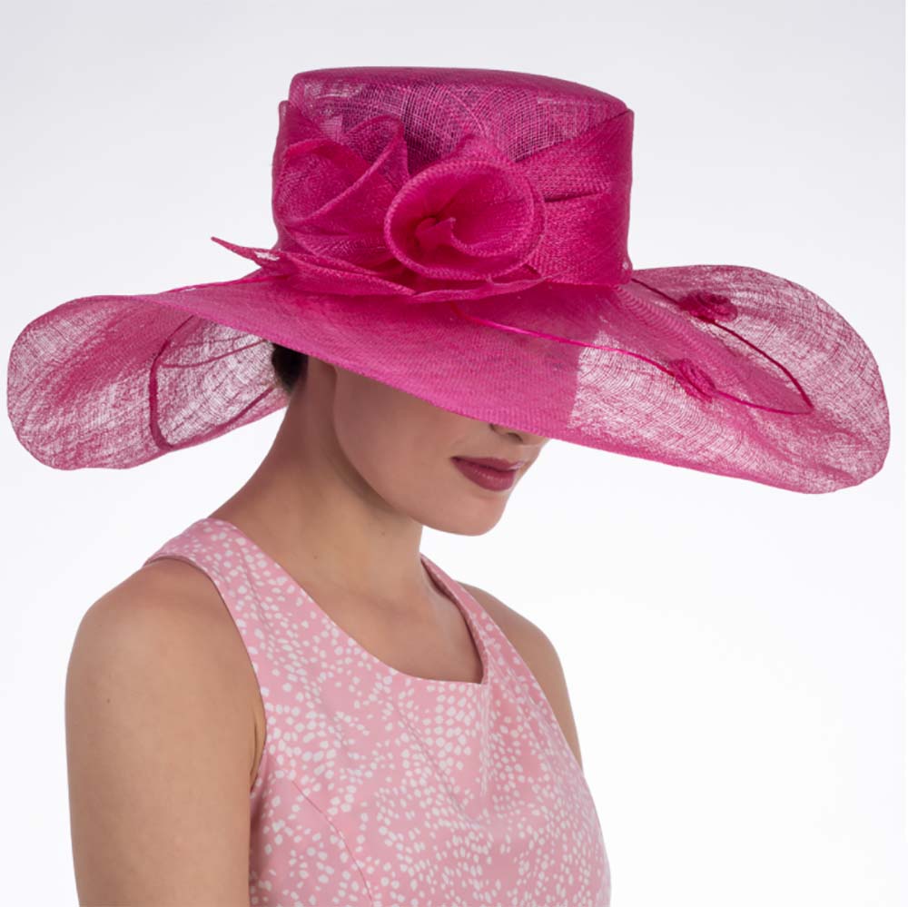 CallaLilyAdornedFuchsiaWideBrimSinamayDerbyHat-KaKyCOwomeninhotpinkhat.jpg