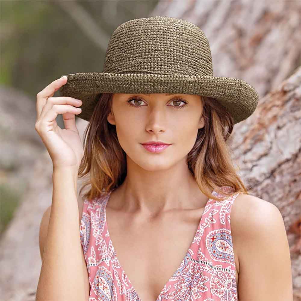 CatalinaRaffiaUpBrimHat-WallarooHatsmodelwearingmushroomcolorhat.jpg