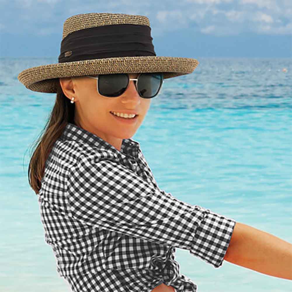 FlatCrownUpBrimSunHat-Sun_N_SandHatwomaninblacktweedgamblerhat.jpg