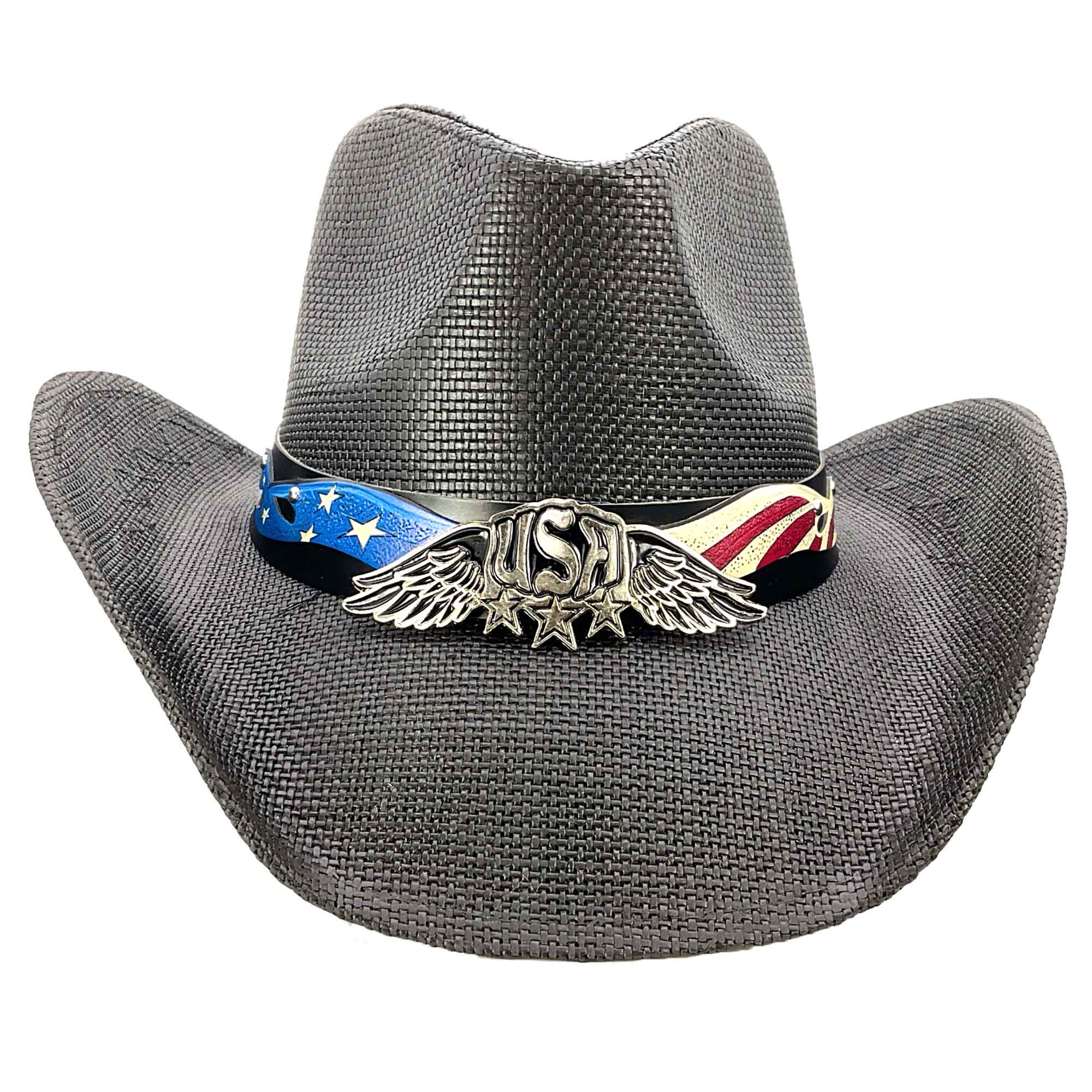 FlyingBoldEagleUnderBrimUSACowboyHat-MilaniHatsblackfront.jpg