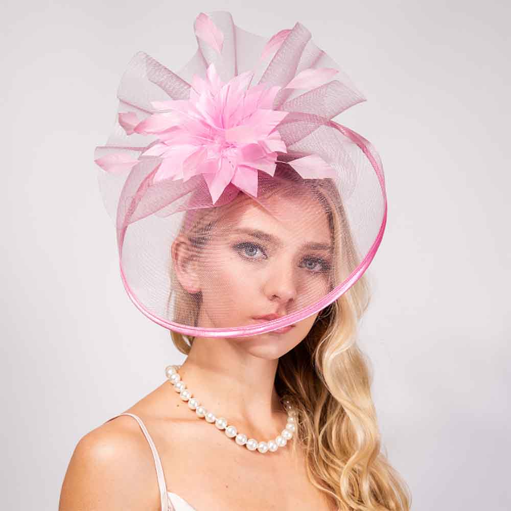 LargeSatinTrimmedVeilFascinatorwithFeathers-SomethingSpecialmodelwearingpink.jpg
