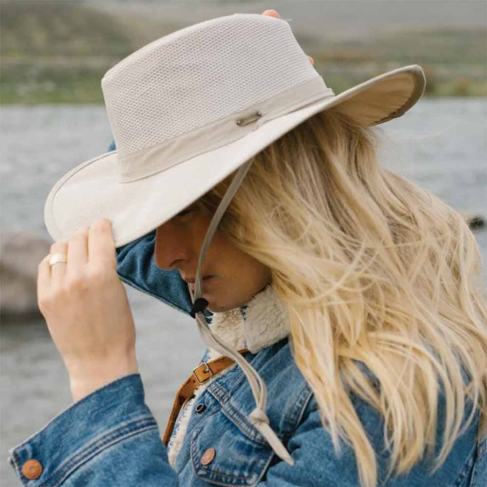 NoFlyZoneMeshBrimSafariHat_Khaki-StetsonHatswomenwearinghat.jpg