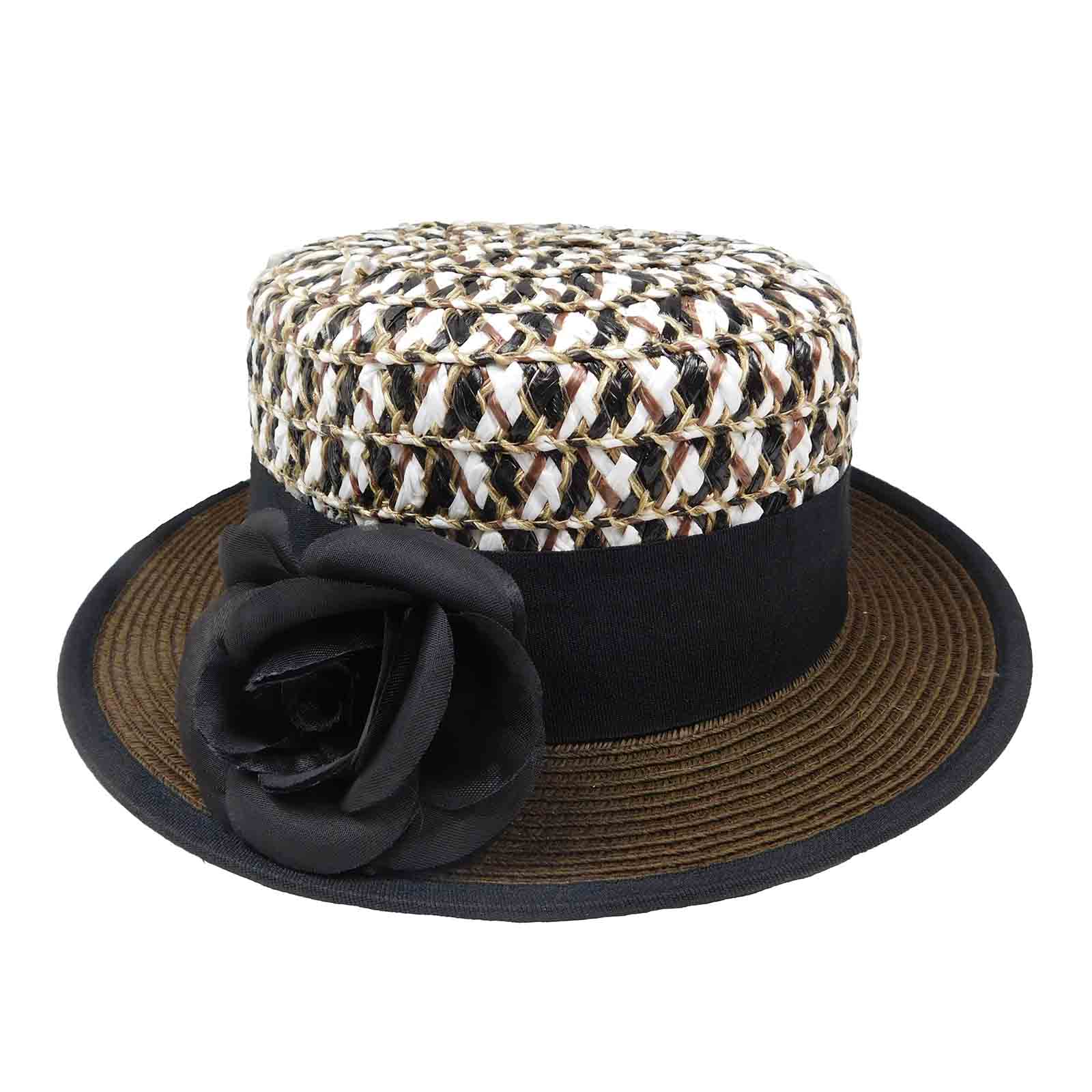 two_tone_small_brim_women_s_boater_hat_multicolor_crown_brown_brim_black_ribbon_removable_flower_karen_keith.jpg