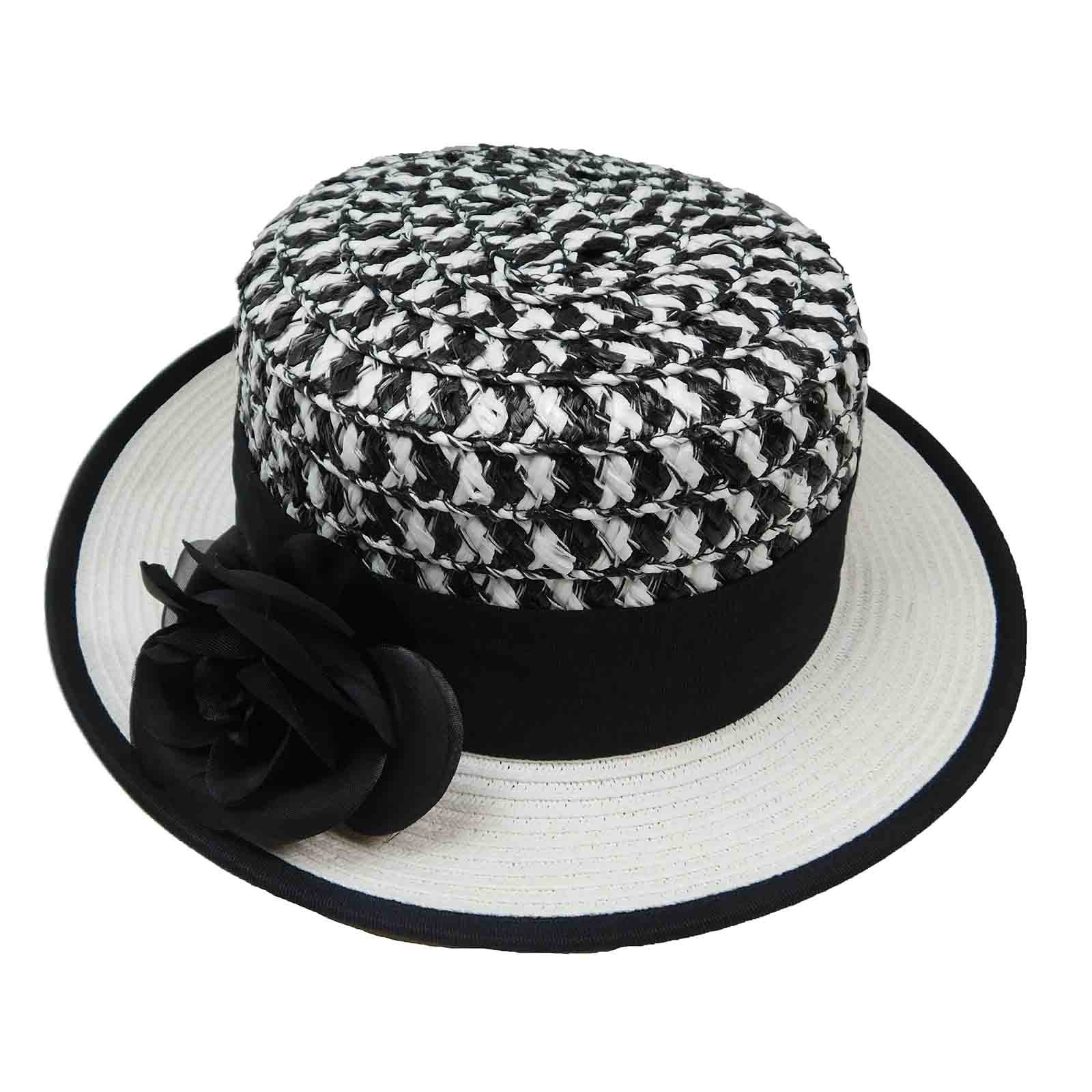 two_tone_small_brim_women_s_boater_hat_multicolor_crown_white_brim_black_ribbon_karen_keith.jpg