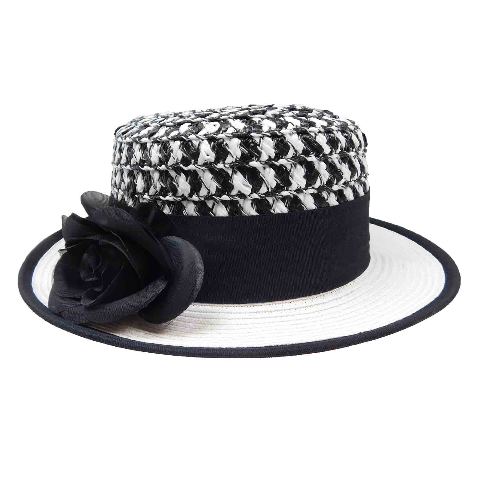 two_tone_small_brim_women_s_boater_hat_multicolor_crown_white_brim_black_ribbon_removable_flower_karen_keith.jpg
