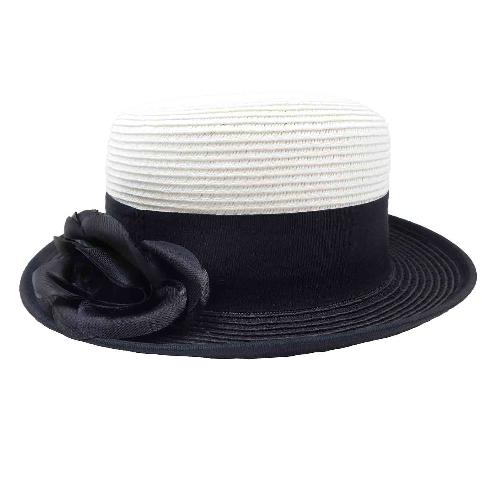 two_tone_small_brim_women_s_boater_hat_white_crown_black_brim_black_ribbon_removable_flower_karen_keith.jpg